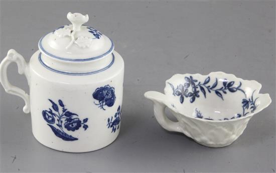 A Worcester Mansfield pattern butter boat, c.1760 and a Worcester floral pattern mustard pot and cover, c.1770, 9cm and 9.5cm